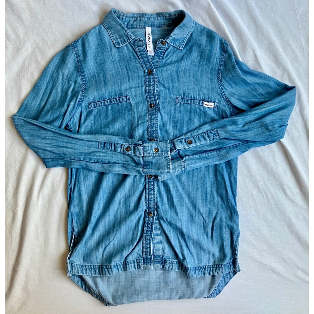 RVCA Womens XS Button Down Chambray Shirt Long Sleeve Casual Top